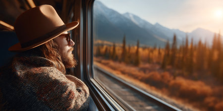 Contemplative Traveler Enjoys the Scenic Beauty of the Mountains through the Train Window.の素材