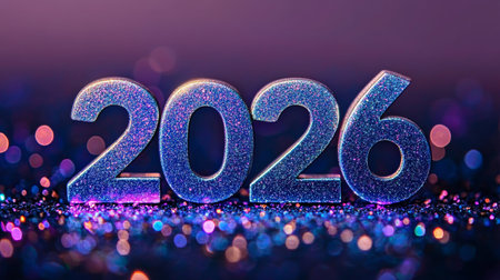 Sparkling 2026 New Year Celebration With Silver Glitter Numbers On A Purple Backgroundの素材