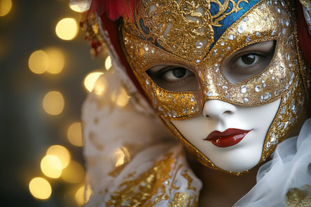 Mystery and Glamour Portrait of a Woman in a Venetian Mask with Festive Bokeh Lightsの素材