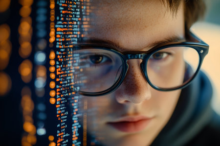 Young Male Programmer Focusing on Code Debug, Analyzing Binary Code Algorithm on Computer Monitor.の素材