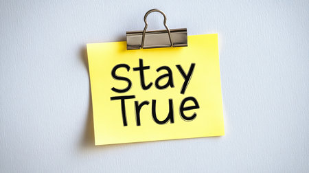 Yellow Sticky Note With the Words Stay True, Conceptual Image, Isolated on White Background.の素材