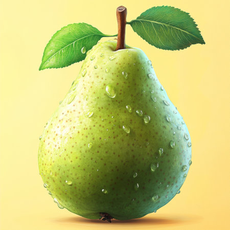 Ripe Green Pear on a Yellow Background, Fresh and Juicy Fruit, Isolated with Water Dropsの素材