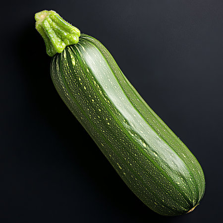 Vibrant Dark Green Zucchini Isolated on Black, Shiny Skin, Fresh and Healthy Vegetable.の素材