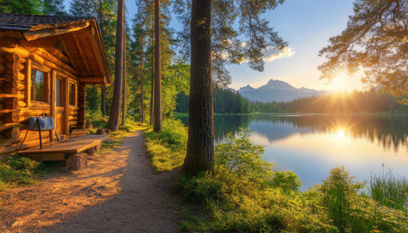 Tranquil Lakeside Cabin Retreat Cozy Forest Getaway With Stunning Mountain Views at Sunset.の素材