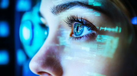 Futuristic Technology, Digital Interface, Close Up of a Woman with Eye Scan Data and Glowing Linesの素材