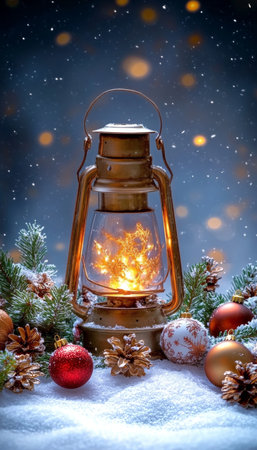 Glowing Lantern Warms Snowy Table Amongst Christmas Ornaments Festive Holiday Decoration with bokehの素材