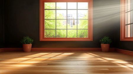 Minimalist black room interior with wooden floor, sunlight from window, and potted plants.の素材