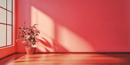 Minimalist room interior with red wall, wooden floor, sunlight from window, and plant in potの素材