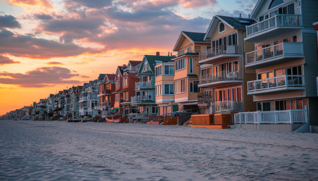 Row of Colorful Beach Houses at Sunset, Coastal Living, Real Estate, and Vacation Rentalsの素材