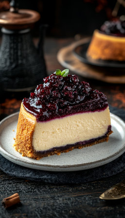 Classic New York Cheesecake Slice with Blueberry Topping, Delicious Dessert Indulgenceの素材