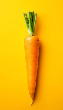 Single, Vibrant Orange Carrot Isolated on a Vivid Yellow Background, with a Rough Textureの素材