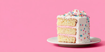 Slice of Funfetti Layer Cake with Colorful Sprinkles and Whipped Cream Frosting on Pinkの素材