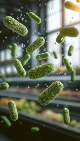 Unseen Hygiene Risks, Airborne Bacteria Spread in Grocery Produce Section. Food Safety Conceptの素材