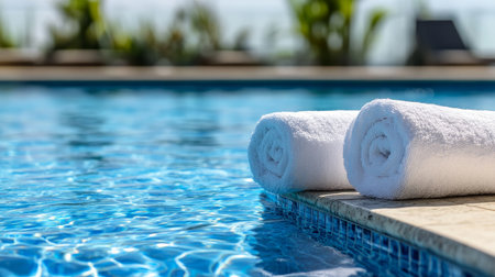 Fresh White Towels Resting Poolside on a Sunny Day, Embracing the Essence of Vacation Relaxationの素材