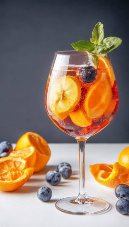 Refreshing Summer Cocktail Ros Sangria with Fresh Fruits on White Background with Copy Space.の素材