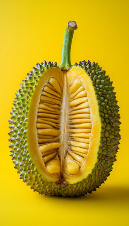 Ripe Exotic Jackfruit Halved, Vibrant Yellow and Green, Isolated on Vivid Yellow Backgroundの素材