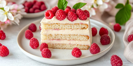 Delicious Raspberry Almond Cake Slice with White Frosting on White Plate, Fresh Raspberriesの素材
