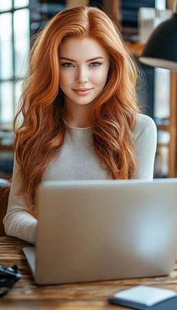 Freelance worker, Happy redhead woman working from home office, using laptop computerの素材