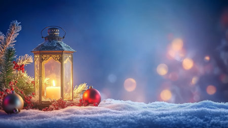 Christmas Lantern with Fir Branches and Ornaments on Snowy Surface, Blue Gradient Backgroundの素材