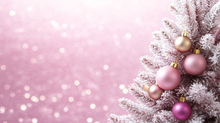 Pink and Gold Christmas Ornaments Decorate a Frosted Christmas Tree on a Sparkling Pink Backgroundの素材