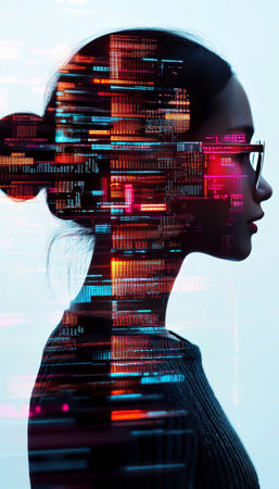 Female Profile Filled with Flowing Code Representing AI, Technology, and Innovation Conceptsの素材
