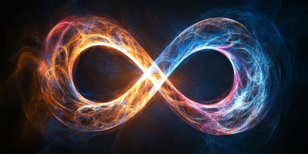 Abstract Infinity Symbol, Colorful Energy Flowing in Endless Loop on a Dark Backgroundの素材