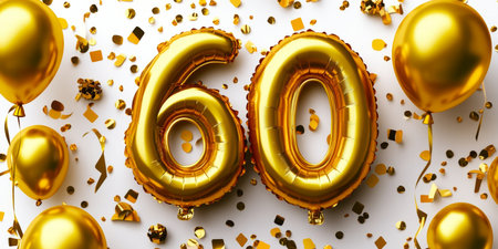 Golden Number 60 Balloons With Festive Confetti, Perfect For Celebrating A 60th Birthdayの素材