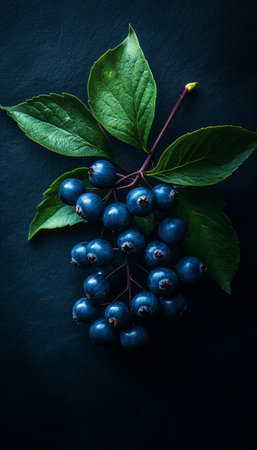 Dark Purple Elderberry Clusters Isolated on Black, Moody Food Photography, Small Group of Berriesの素材