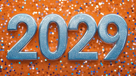 Silver 2029 Numerals on Sparkling Orange Festive Background, Happy New Year Celebration Conceptの素材