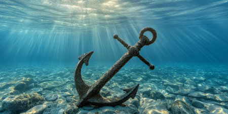 Sunken Anchor Serenity Tranquil Underwater Seascape With Dappled Sunlight On Ocean Floorの素材