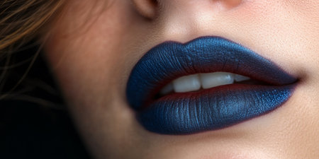 Close-Up of a Woman s Blue Lips with Permanent Makeup, Highlighting Beauty, Fashion, and Cosmeticsの素材
