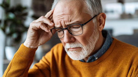 Senior Man Suffering From Headache At Home, Tired Mature Male Massaging Head Feeling Unwellの素材