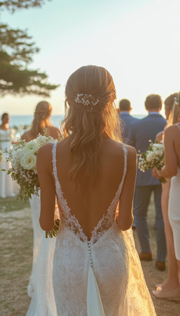 Bride With Bouquet Walking Down Aisle, Radiant in Sunset Glow at Beach Wedding Ceremony.の素材