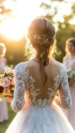 Bride in Exquisite Lace Gown with Bouquet, Romantic Sunset Wedding Ceremony in Natureの素材