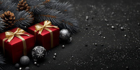 Elegant Christmas Still Life Red Gifts, Silver Ornaments Pine Sprigs on Black Glitterの素材
