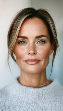 Portrait of a Beautiful Woman with Natural Makeup and Freckles, Emphasizing Authenticityの素材
