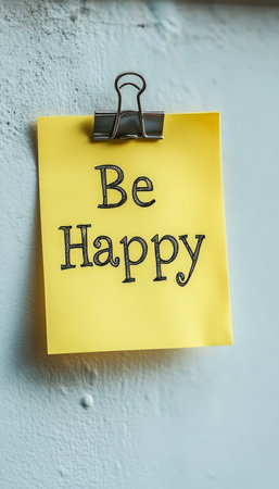 Yellow Sticky Note With Be Happy Text, Isolated On White Background. Happiness Concept.の素材