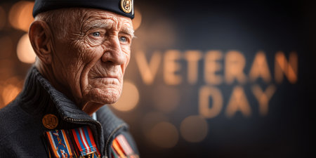 Portrait of a WWII Veteran Commemorating Veteran Day with a Warm, Patriotic Backgroundの素材