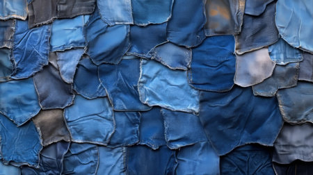 Patched Blue Denim Textile Background, Upcycled Fashion Concept. Texture of Denim Fabric Patches.の素材