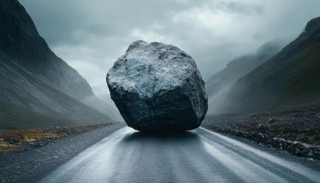 Imposing Boulder Blocks Misty Mountain Road Symbol of Nature s Power, Isolation, and Challenge.の素材