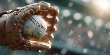 Closeup of a Worn Leather Baseball Glove Holding a Ball, Snow Falling in the Backgroundの素材