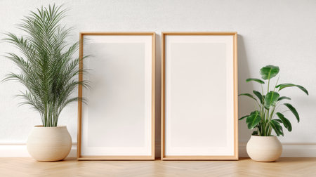 Two Blank Vertical Wood Frame Mockups On White Wall, Minimalist Interior With Posters, 3D Renderの素材