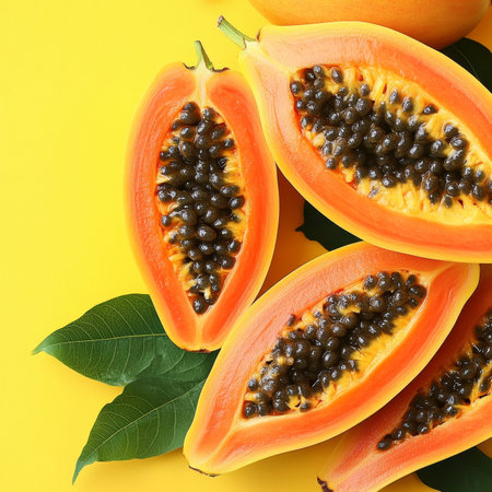 Vibrant, Ripe Papaya Halves with Black Seeds on a Yellow Background Tropical Fruit Delightの素材