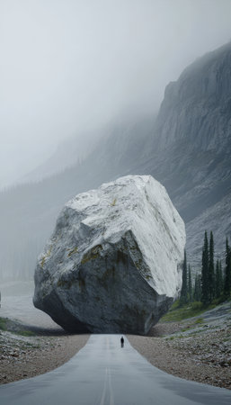 Colossal Boulder Blocks Misty Mountain Road, Symbolizing the Implacable Force of Nature.の素材