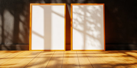 Two Blank Vertical Wooden Frames Mockup on a Wooden Floor with Window Light, 3D Illustrationの素材