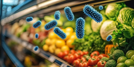 Bacteria Contamination in Produce Aisle Depicting Potential Hygiene Risks in a Supermarket Setting.の素材