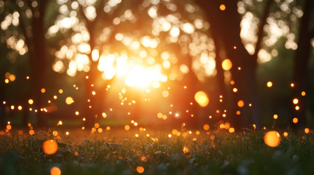 Magical Golden Hour, Bokeh Lights in Nature Background, Outdoor Summer Celebration, Warmthの素材