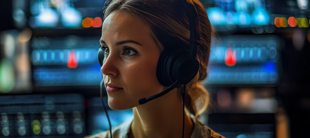 Focused Woman Manages Light And Sound Production From Console with Headset in Busy Control Roomの素材
