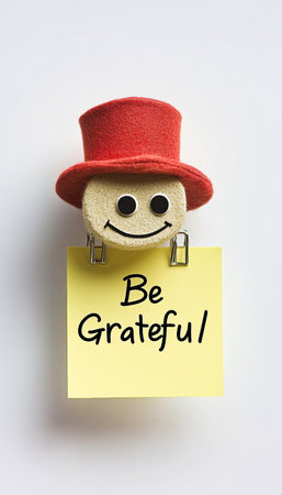 Smiling Cork Character Holding Be Grateful Note, Positive Message, Reminder, White Background.の素材