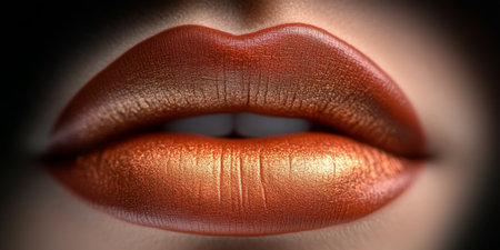 Close-up of Sensual Female Lips with Metallic Gold Lipstick, Beauty and Fashion Photographyの素材
